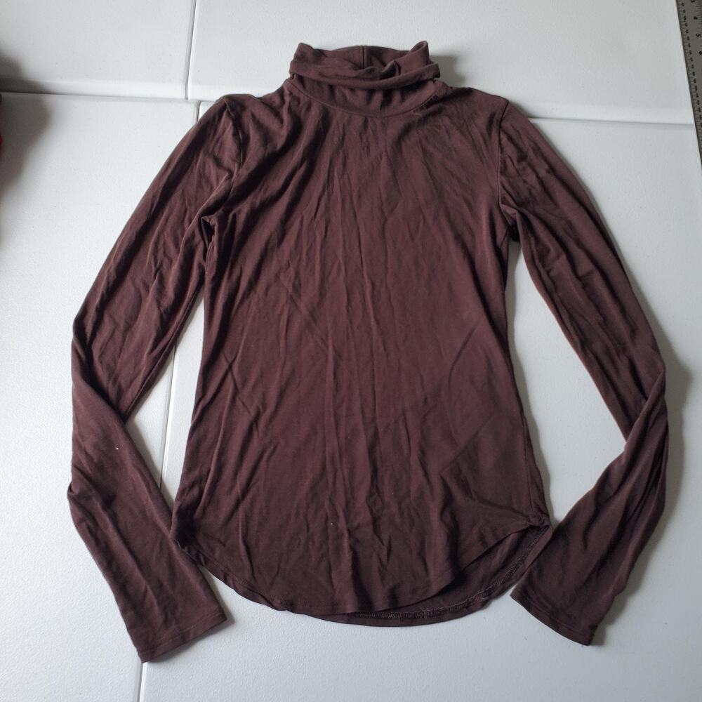 Babaton Shirt Womens Small Brown Tencel Turtleneck Long Sleeve Stretch Slim Top